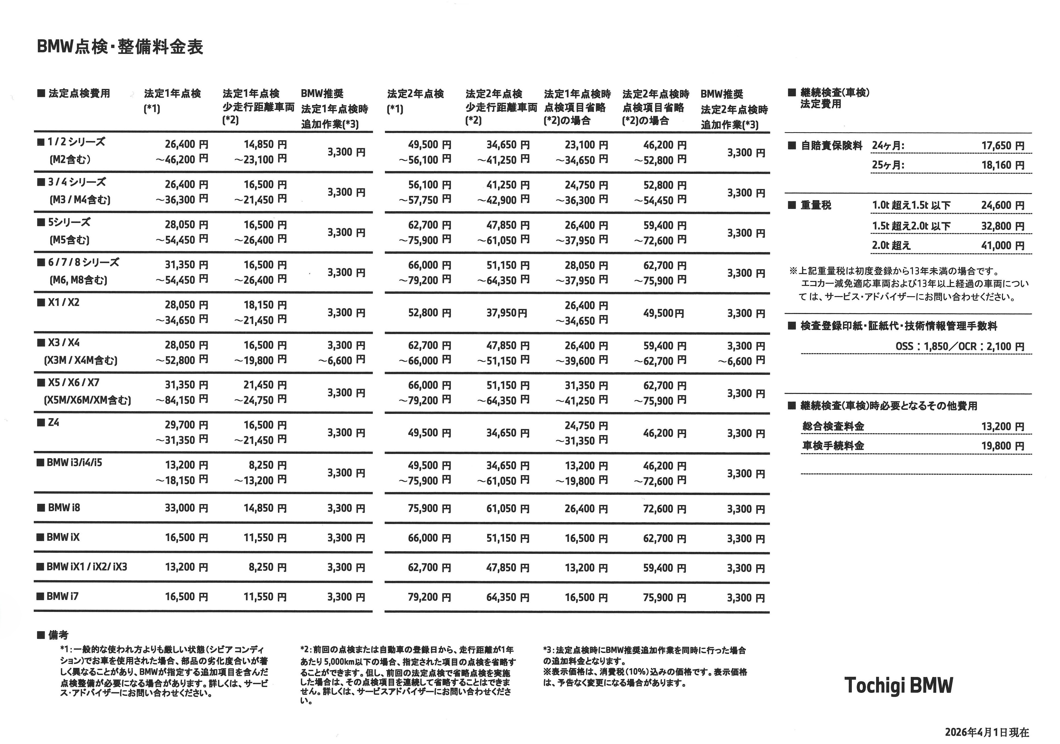点検整備料金表